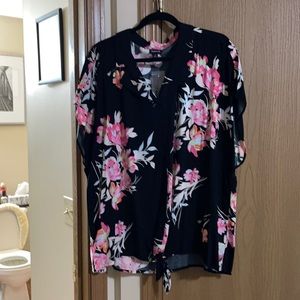 Black floral challis tie front blouse